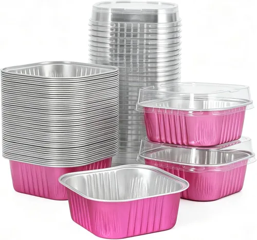 Vista 23 de 50 piezas de mini tazas cuadradas para hornear con tapas, mini moldes de papel de aluminio de 5 onzas con tapas, moldes desechables para tartas