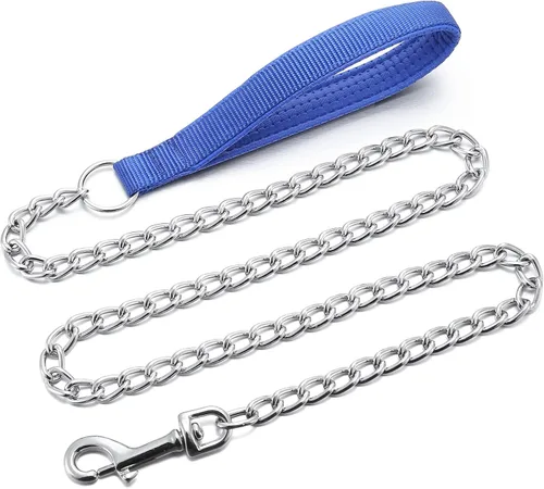 Vista 9 de Correa y collar de metal para perro, cadena a prueba de mordidas de 4 pies con cadena en P, correa resistente para mascotas con mango acolchado