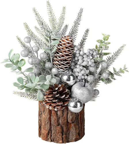 Vista 10 de Hatisan Árbol de Navidad pequeño con adornos de Navidad, piña baya, árbol de Navidad artificial de mesa para decoración de Navidad, hogar