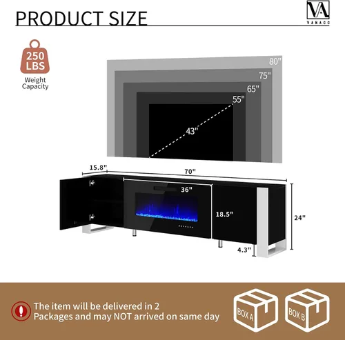 Vista 5 de VanAcc - Soporte moderno de TV con chimenea de 70 pulgadas con almacenamiento para televisores de hasta 80 pulgadas