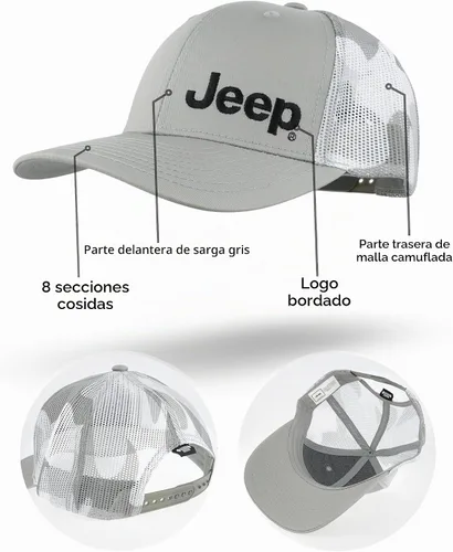 Vista 9 de Jeep Logotipo de texto premium con malla de camuflaje Trucker Dads Hat para hombre, gorra de béisbol, sombrero de polo Camuflaje gris jaspeado