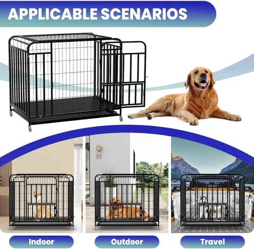 Vista 4 de Jaula extragrande para perros grandes, medianos, resistente de 38 pulgadas, con ruedas bloqueables y puerta doble extraíble, fácil de limpiar