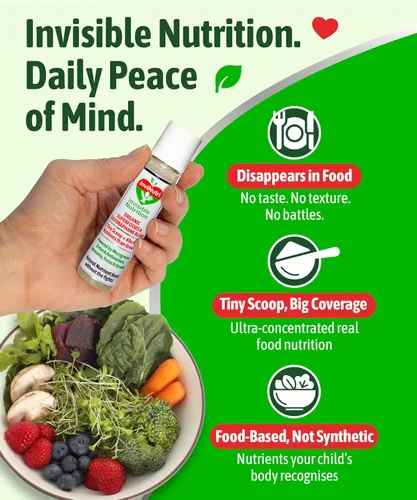 Vista 2 de InviNutri Superalimento en polvo para comedores sensoriales y quisquillosos. Una cucharada diminuta - 40 veces rica en nutrientes, 30 mg