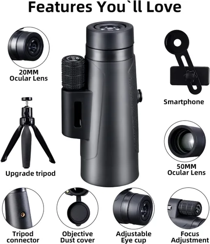 Vista 2 de Monocular HD para adultos, compacto con adaptador para teléfono inteligente y trípode, negro