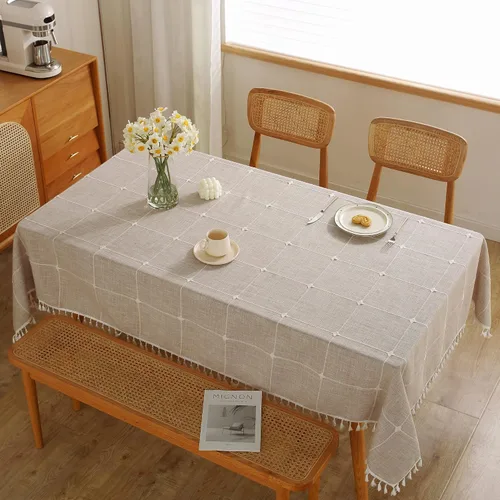 Vista 2 de JIALE Mantel para mesa rectangular, 120 pulgadas marrón y 120 pulgadas, manteles de color marrón a cuadros marrón a rayas marrones de lino
