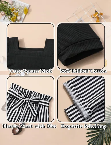 Vista 6 de DONWEN Conjunto de 3 piezas de ropa para niñas pequeñas y niñas con cuello cuadrado + pantalones elegantes + diadema para primavera y verano