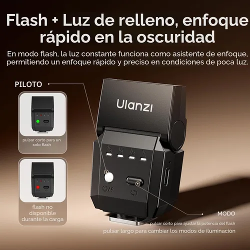 Vista 4 de ULANZI SL03 - Flash Speedlite Mini para Cámara con Luz de Vídeo para Principiantes Básico, GN8 6500K, Ángulo Ajustable de 90°, Compatible con DSLR