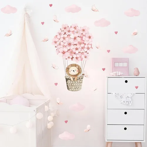 Vista 2 de Calcomanías de pared de globo aerostático con diseño de cachorro de león, diseño de mariposa rosa, nube, corazón, bricolaje, calcomanías de pared