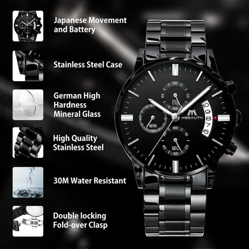 Vista 5 de MEGALITH Mens Watches 45mm Chronograph Quartz Mens Wrist Watches Stainless Steel Waterproof Business Dress Watches for Men Luminous Date Gifts for
