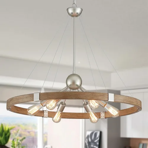 Vista 10 de XINGQI Lámpara de araña grande de 38 pulgadas con ruedas de carro, moderna lámpara colgante de níquel cepillado, 8 luces rústicas para comedor, sala