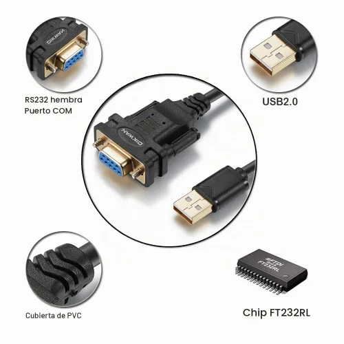 Vista 7 de Adaptador USB a serie RS232 con chipset FTDI - Cable USB 2.0 a serie DB9 hembra para Windows y Mac (6 pies)