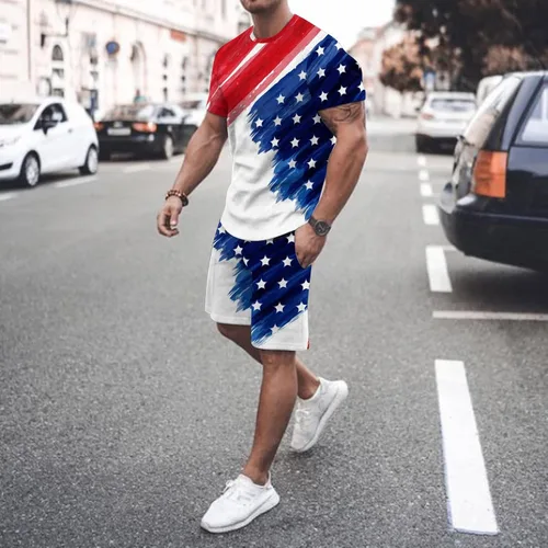 Vista 3 de Conjunto deportivo de personalidad para hombre, conjunto de 2 piezas, camiseta de manga corta y pantalones cortos, chándales casuales de moda