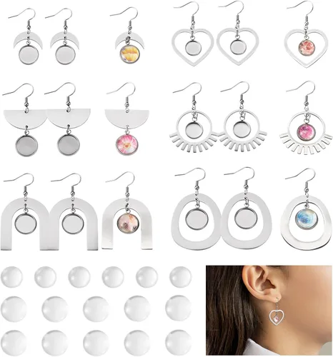 Vista 15 de FASHEWELRY 20 piezas bandejas de bisel de acero inoxidable para aretes geométricos configuración de bisel en blanco corazón luna redondos aretes