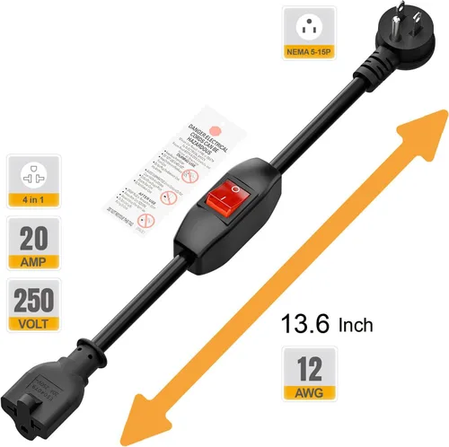 Vista 3 de Cable de extensión de interruptor de encendido/apagado 4 en uno en ángulo resistente 12-AWG 15A enchufe doméstico a 20 A T Blade Cable adaptador