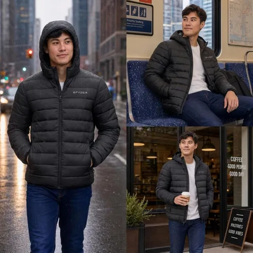 Vista 2 de Spyder Chaqueta acolchada plegable para hombre con capucha, chaquetas de invierno ligeras para hombre Negro