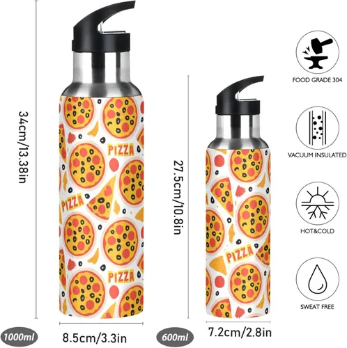Vista 2 de Wusikd Pizza Slice - Botella de agua con tapa con pajilla, termo de doble pared para alimentos, termo aislado al vacío, botella de agua de acero