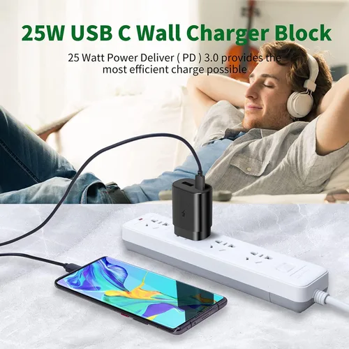 Vista 6 de Cargador tipo C, cargador de pared USB C de 25 W, carga rápida de doble puerto, compatible con Samsung Galaxy S22/S22 Plus/S20/S21 Ultra Plus, Note