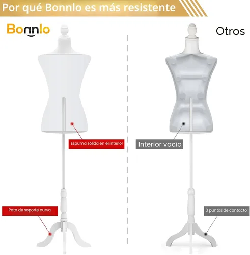 Vista 3 de Bonnlo Maniquí de costura, apto para clavar alfileres, para vestido de mujer, con base de trípode de madera.