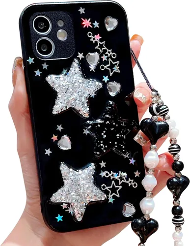 Vista 16 de Compatible con iPhone 11 Pro Funda Transparente Bonita con Diseño de Estrella con Purpurina en 3D con Perlas y Pulsera de Perlas, Diseño de Cadena