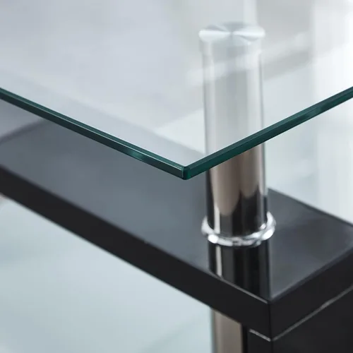 Vista 7 de Mesa auxiliar rectangular de vidrio, moderna mesa de centro transparente con estante inferior, patas de madera, mesa auxiliar auxiliar para sala
