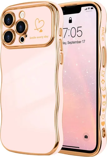 Vista 35 de LCHULLE - Funda para iPhone Air, linda para mujeres y niñas, con forma de onda, color azul bebé Luxury Plating Curly Wavy Frame with Love Heart