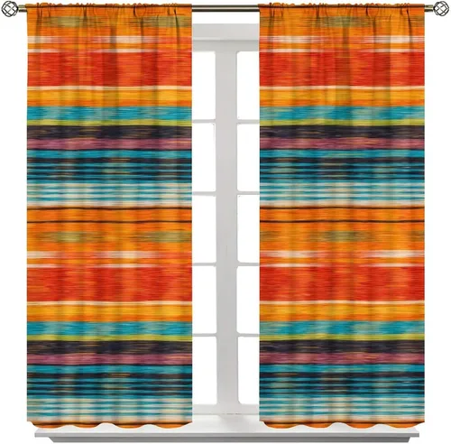 Vista 180 de Cortinas con patrón geométrico tribal, estilo suroeste, azteca, rústico, occidental, nativo americano, opacas, con bolsillo para barra, decoración