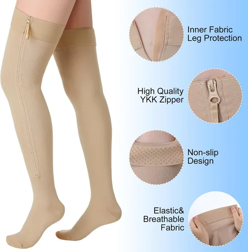 Vista 4 de Calcetines de compresión con cremallera alta para el muslo de 20-30 mmHg, medias de compresión con cremallera hasta el muslo para mujeres y hombres