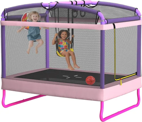 Vista 10 de LANGXUN Trampolín rectangular de 6 pies para niños, trampolín 5 en 1, aprobado por ASTM para interiores y exteriores, mini trampolín con red de Azul