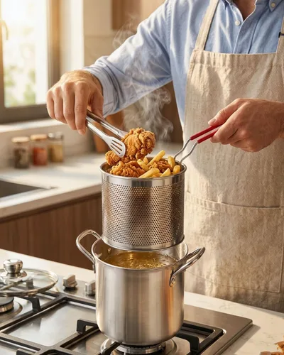 Vista 2 de Freidora de acero inoxidable de 3.2 cuartos de galón con cesta y tapa, sartén profunda multifuncional con colador para cocinar en casa