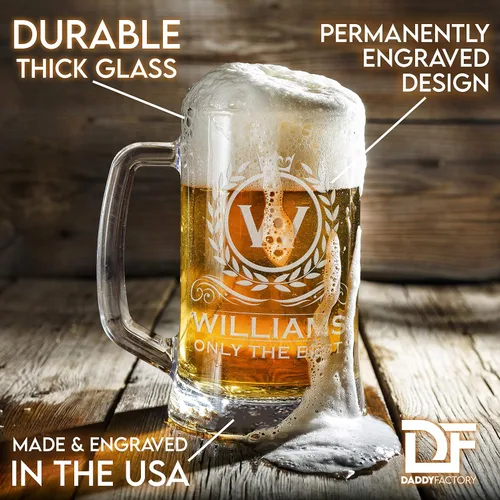 Vista 2 de Taza de cerveza personalizada personalizada, taza de vidrio grabada con monograma grabado, 16 onzas, taza de cerveza clásica, regalo para papá