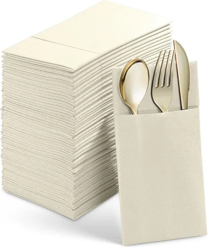 Vista 12 de Paquete de 50 servilletas desechables de lino con bolsillo integrado para cubiertos, tela preplegada azul como servilletas de papel para bodas