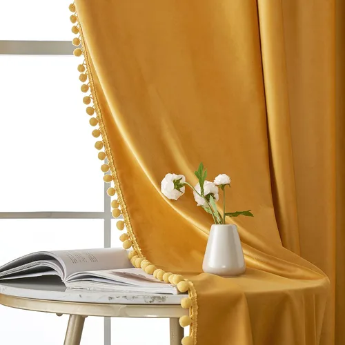 Vista 6 de MIULEE - Cortinas de terciopelo con pompones amarillo mostaza para habitación/sala de estar, cortinas opacas para otoño, aislantes térmicos, de 84