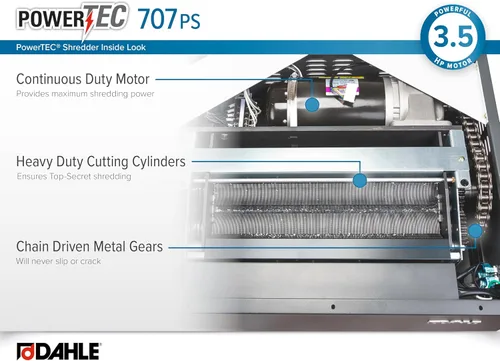 Vista 5 de Dahle PowerTEC 707 PS Paper Shredder, P-7 Super Micro Cut, NSA/CSS 02-01 for Top-Secret Documents, Jam Protection, Auto Oiler, 3.5 HP, 11 Sheet Max