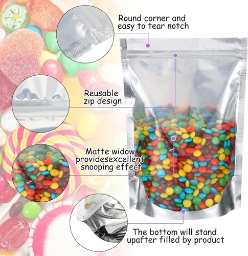 Vista 4 de Ctosree 200 bolsas de alimentos de pie, bolsas de caramelos, sellables, parte delantera transparente resistente con parte trasera de papel de 3.5" x