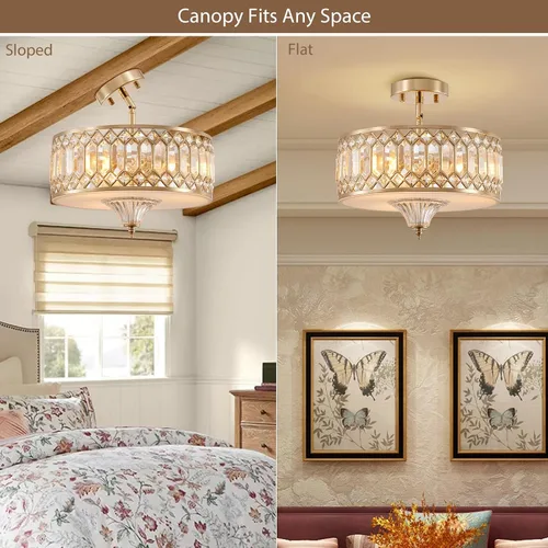 Vista 5 de Gold Crystal Ceiling Light Fixture for Hallway Foyer Bedroom Kitchen Island, 13" Modern Drum Round Close to Ceiling Light Fixture, 3-Light, Brushed