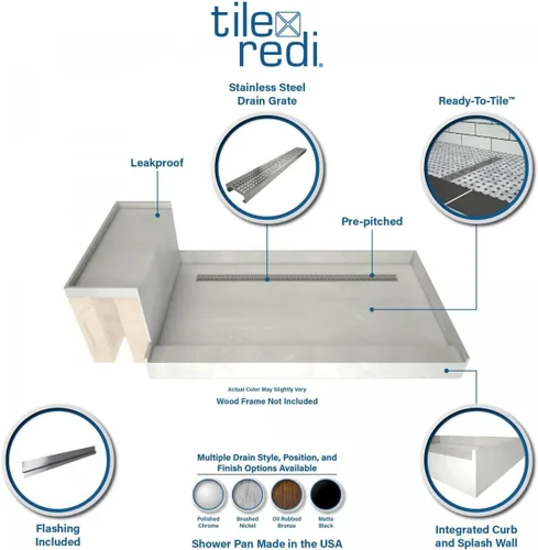 Vista 2 de Tile Redi RT3660L-BN-RB36-KIT - Sartén y banco de ducha con drenaje izquierdo, base de ducha de un bordillo, banco, drenaje de PVC de 2 pulgadas