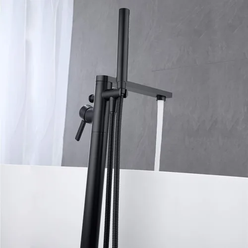 Vista 5 de Wowkk Grifo de bañera independiente Llenador de bañera Negro Montaje en piso Latón de una sola manija Grifos de baño con ducha de mano