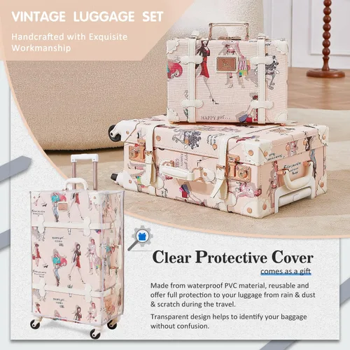 Vista 6 de Unitravel Juego de equipaje vintage, juego de maleta de mano para mujer con cerradura TSA, baúl giratorio de piel sintética con funda de tren de 12