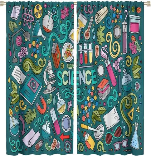 Vista 63 de Cortinas opacas para ventanas de ciencia para niños, lupa de libro de laboratorio de ciencia, lupa, frascos moleculares, cortinas impresas