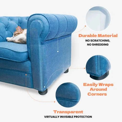 Vista 3 de Protector de sofá para arañazos para gatos, 10 hojas XL, transparente (casi invisible), extra duradero, fácil de personalizar, protector de muebles