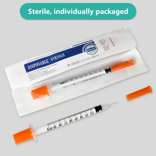 Vista 5 de Jeringas con aguja, paquete de 30 U-100 1ml 30G 5/16" (8mm) jeringas desechables, suministros de laboratorio envueltos individualmente Desechable