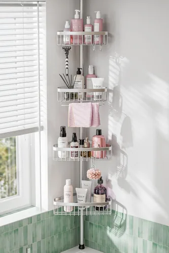 Vista 8 de Organizador de Ducha de Esquina con Barra de Tensión: Organizador Ajustable a Prueba de Óxido de 4 Niveles para el Interior del Baño - 120-307 cm