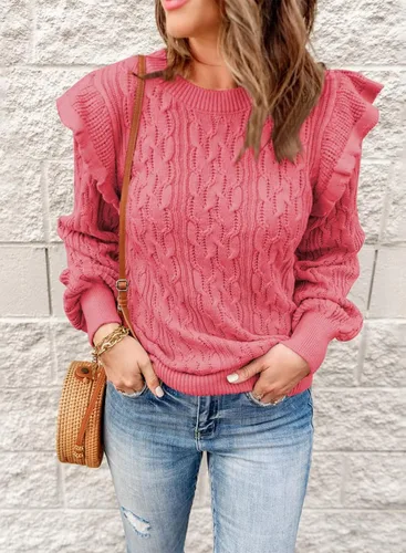 Vista 2 de EVALESS Suéteres de cuello redondo para mujer, con textura, con volantes, sueltos, de punto grueso