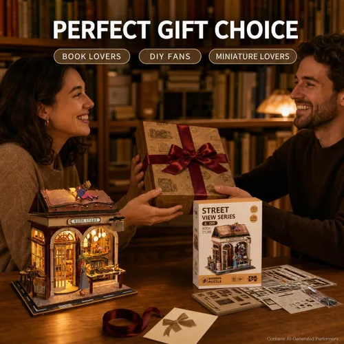 Vista 7 de Rompecabezas de madera 3D, kits de rincón de libros para adultos, kits de construcción de casas en miniatura, manualidades de madera