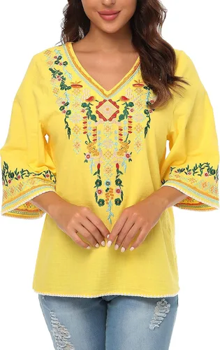 Vista 6 de YZXDORWJ Blusa campesina mexicana bordada con cuello en V para mujer