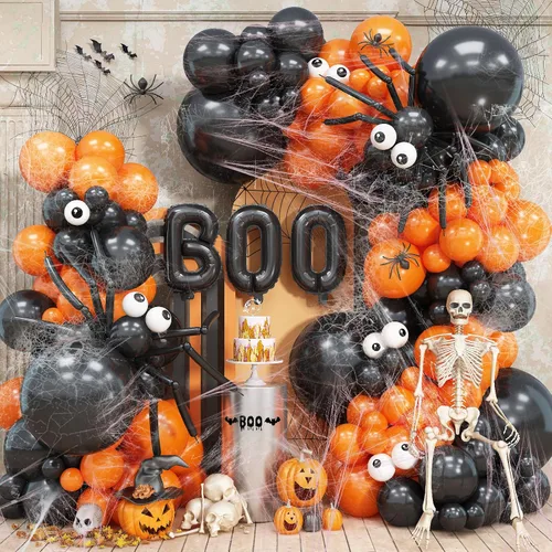 Vista 19 de Kit de arco de guirnalda de globos de Halloween, 116 piezas de arco de globos naranja y negro blanco, globos de papel de aluminio con estrella