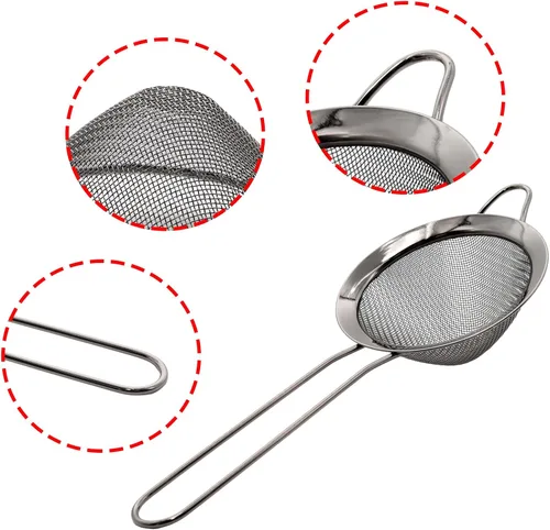 Vista 3 de Colador de malla fina negra – Tamiz de mano de acero inoxidable 304, filtro de cocina pequeño para hornear, té y cóctel (8.3 pulgadas)