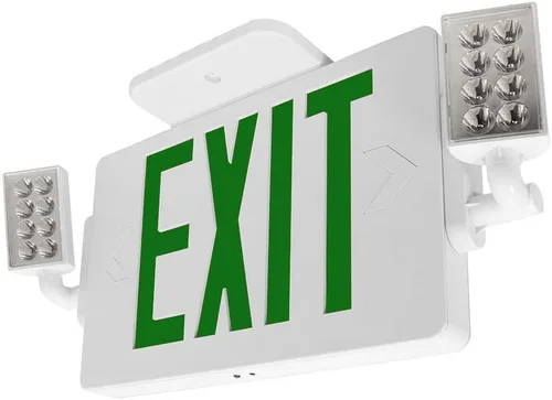 Vista 2 de LFI Lights Thin COMBO UL 924 Listed, LED verde, señal de salida con luces de emergencia, blanco, 120-277 VCA cableada con batería de respaldo, doble