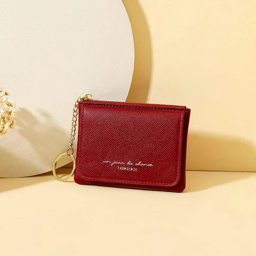 Vista 2 de Monedero mini estuche para mujer, billetera con bolsillo con cremallera y tarjetero frontal, organizador de moda delgada, Rojo -, Estilo mini