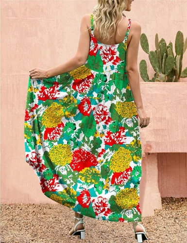Vista 3 de YESNO - Vestidos largo de verano para mujer 2022 estilo casual y bohemio holgado con estampado floral bolsillos y tirantes delgados E75